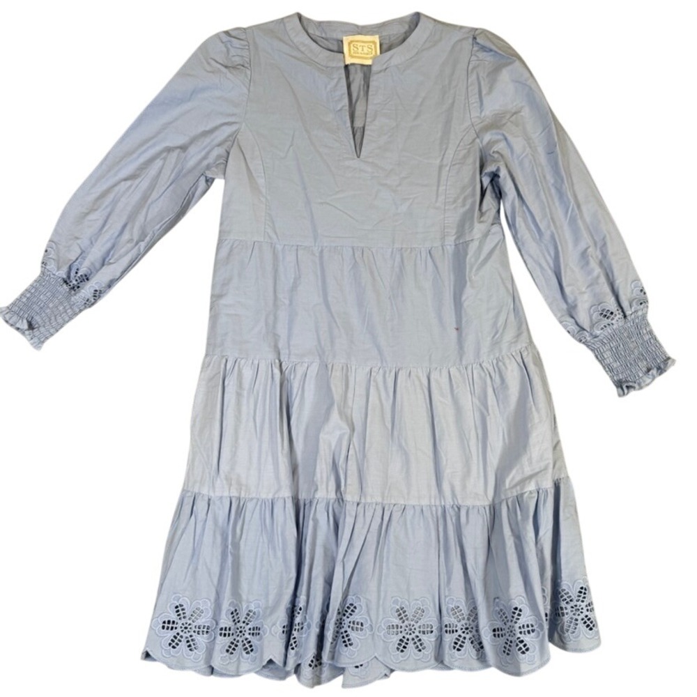 Sail to Sable STS Blue Eyelet Tiered Mini Dress Long Sleeve Smocked Cuff S-M